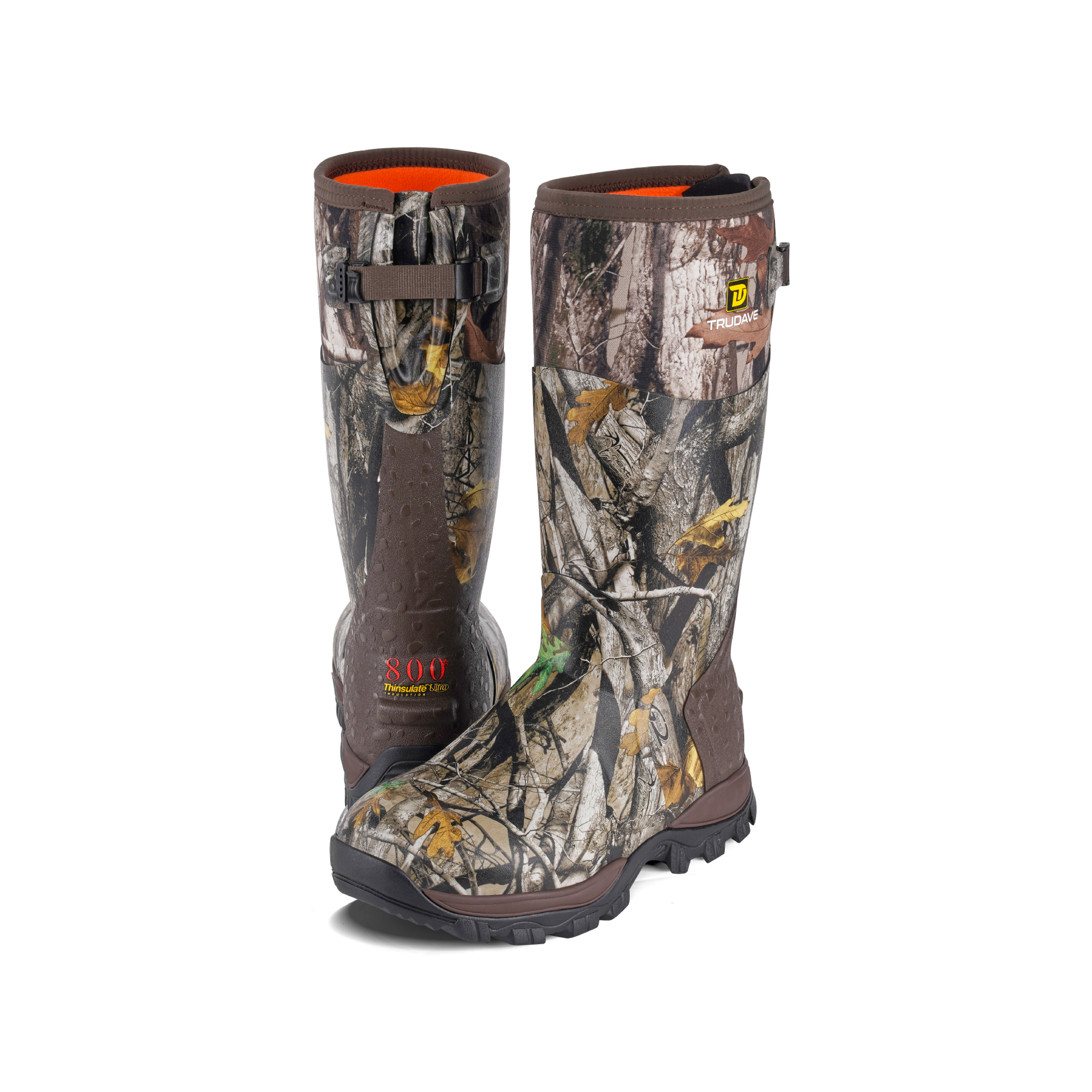 Side view of Trudave WildGuard Series men’s tall waterproof camo hunting boots in Next G2 pattern, featuring durable rubber shell and neoprene upper for reliable waterproof protection and comfort in outdoor hunting environments.